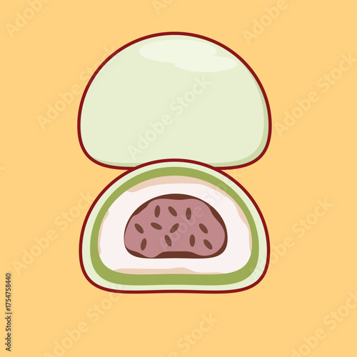 Soft pale green mochi with a chewy, glossy texture filled with sweet red bean paste (anko), featuring a smooth texture that enhances its authentic Japanese flavor