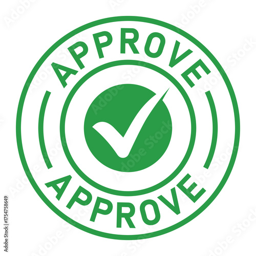 Green circular approval stamp graphic with bold “APPROVE” text and central checkmark icon. Ideal for confirmation, validation, business forms, and digital authorization designs.
