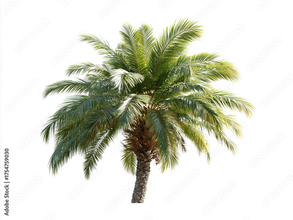 Obraz premium A single palm tree with green fronds and a brown trunk isolated against a white background in bright light