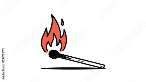 Burning match ignites a vibrant flame with a subtle shadow on a clean white background.