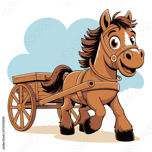 A happy cartoon brown horse with a friendly smile pulling a wooden cart. This charming pony illustration is perfect for children's books, farm themes, and educational materials