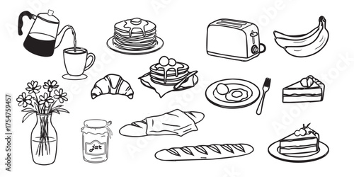 Hand drawn sketch of breakfast and brunch items including pancakes waffles croissants toast coffee and fruit