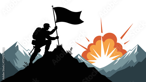 Triumphant silhouette of a hiker planting a flag on a mountain peak at sunrise, celebrating achievement.