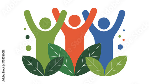 Diverse group celebrates unity and growth with raised arms and vibrant green leaves