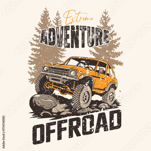Vintage illustration clothing design adventure 4x4 car offroad expedition mountain river. Retro apparel outdoor nature graphic supply.  car adventure touring road trip. Retro apparel outdoor graphic