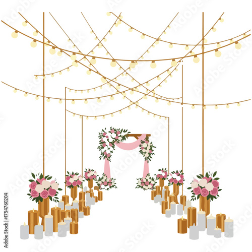 Elegant wedding ceremony aisle with glowing lights and floral decor