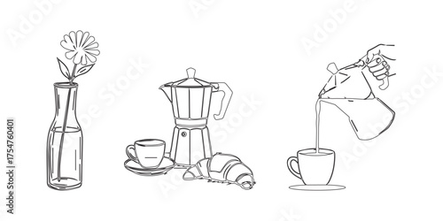 Hand drawn sketch of a coffee maker with cups and a croissant and a vase with flowers