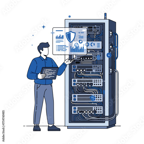 IT professional managing server rack with holographic data display