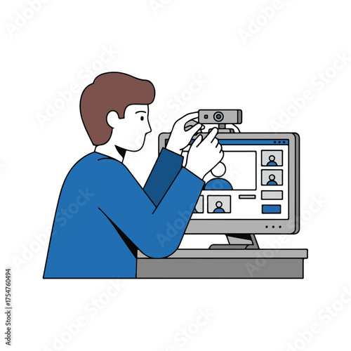 Man adjusting webcam for video conference