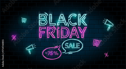 Neon Black Friday sale sign on dark brick wall