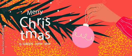 Merry Christmas and Happy New Year 2026. Christmas tree decoration in hands. Vector illustration.