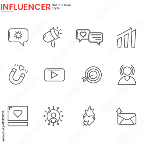 Influencer Outline Icons Set - Social Media Marketing Symbols