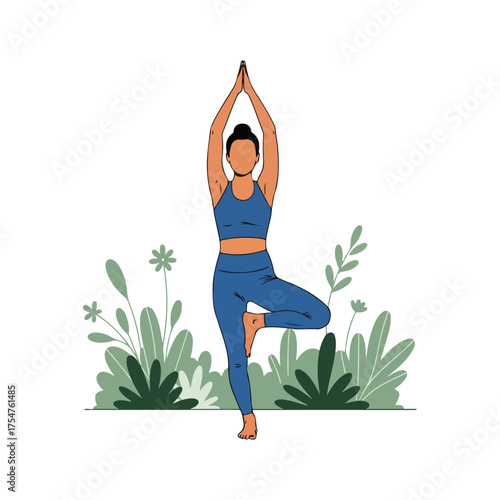 Woman practicing yoga Tree Pose with nature elements
