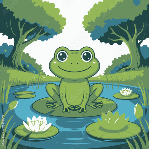 Enchanting illustration of a cheerful green frog sitting on a lily pad in a tranquil pond surrounded by lush trees and blooming water lilies, evoking a sense of peace and nature's beauty