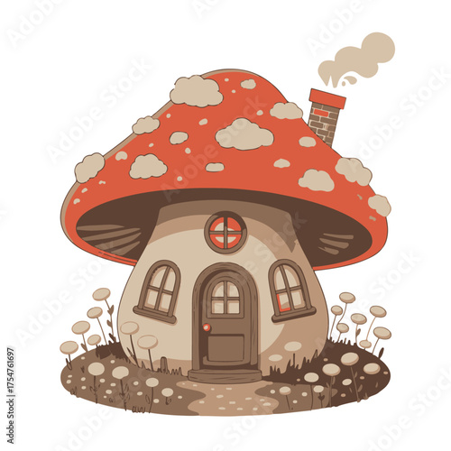 Charming fantasy mushroom home with a speckled red cap roof and a quaint chimney, set in a whimsical garden of tiny plants, an idyllic scene for magical tales and imagination