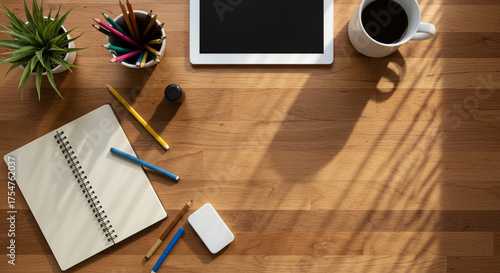 Overhead view of a wooden desk with office supplies and a digital tablet