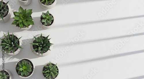 Overhead view of various potted succulents arranged on a white surface with shadows