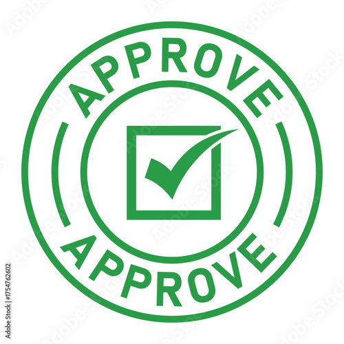 Green circular approval stamp graphic with bold “APPROVE” text and central checkmark icon. Ideal for confirmation, validation, business forms, and digital authorization designs.