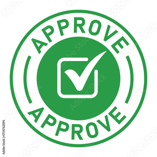 Green circular approval stamp graphic with bold “APPROVE” text and central checkmark icon. Ideal for confirmation, validation, business forms, and digital authorization designs.