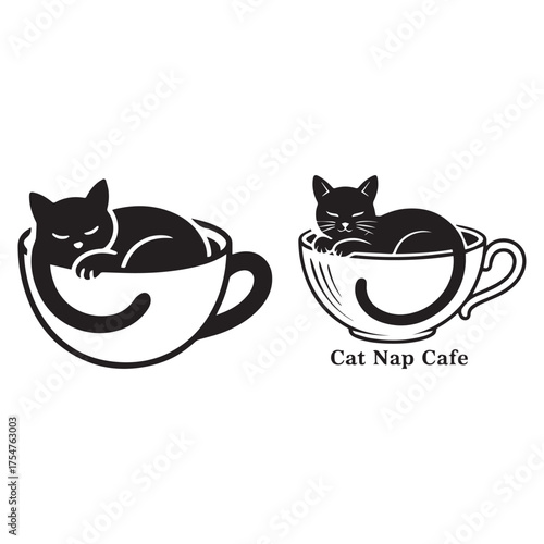 Black Cat Sleeping in Coffee Cup Logo Design feline