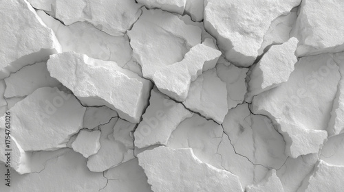A close-up of a white, cracked surface resembling dry earth or ice with irregular shapes and deep fissures