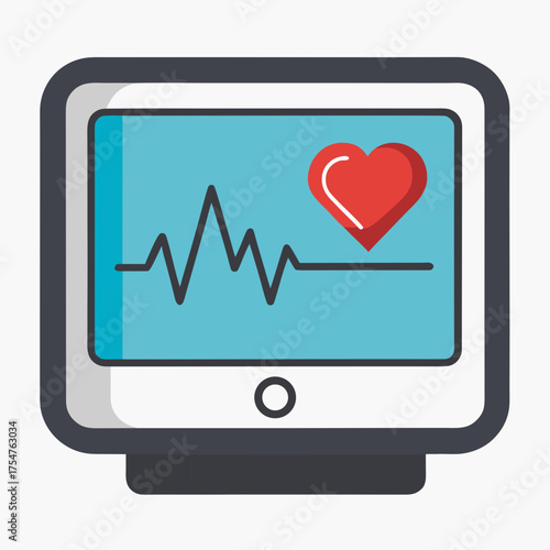 Vibrant illustration of a medical equipment monitor displaying an electrocardiogram signal, representing heart health, vital signs, and healthcare technology