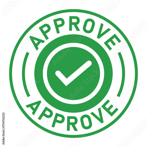 Green circular approval stamp graphic with bold “APPROVE” text and central checkmark icon. Ideal for confirmation, validation, business forms, and digital authorization designs.