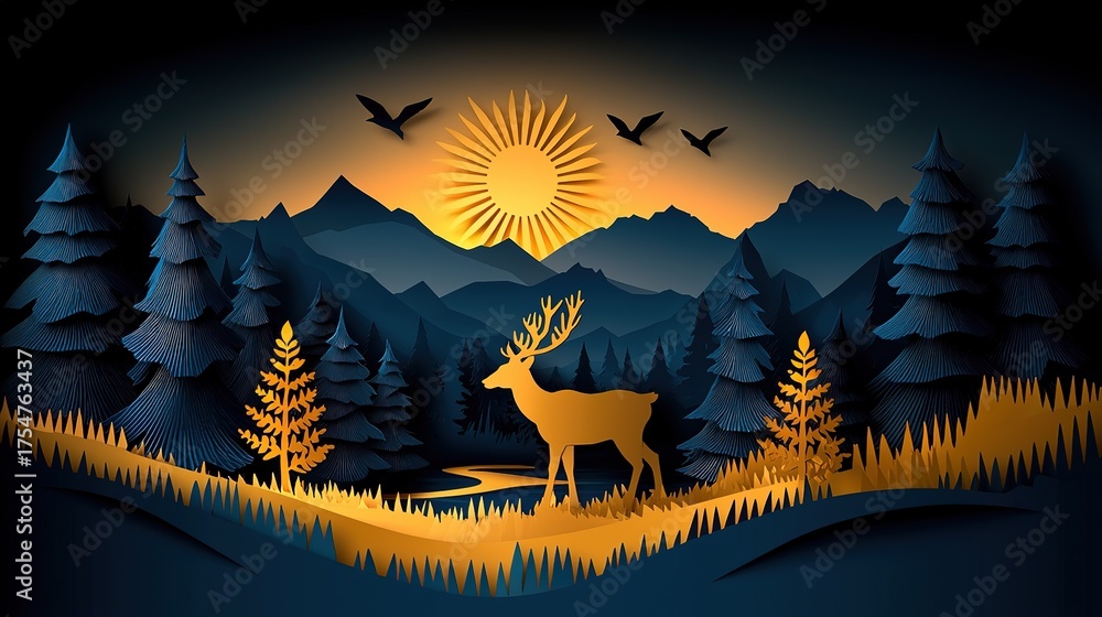 Fototapeta premium 3D Wallpaper of Dark Blue and Gold Forest with Deer, Mountains and River 