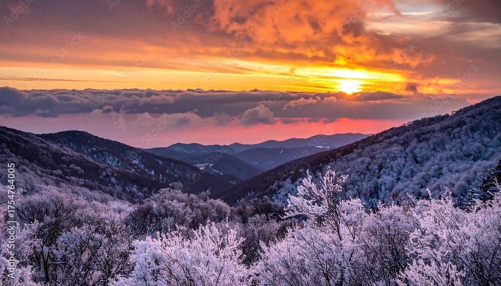 Obraz premium Winter wonderland hills covered in frost with vivid sunset, clouds, and layers of mountain ranges