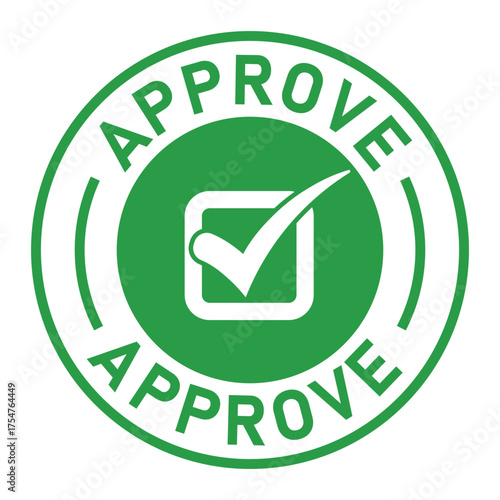 Green circular approval stamp graphic with bold “APPROVE” text and central checkmark icon. Ideal for confirmation, validation, business forms, and digital authorization designs.