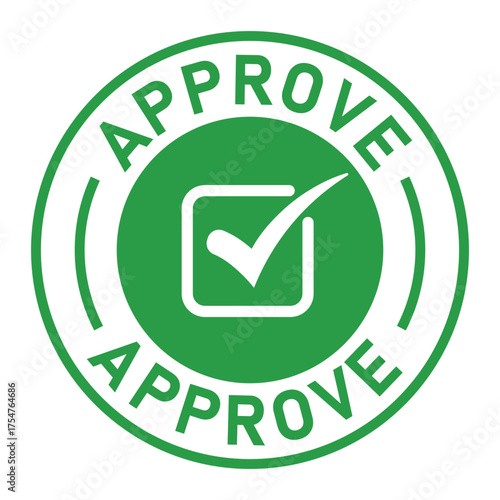Green circular approval stamp graphic with bold “APPROVE” text and central checkmark icon. Ideal for confirmation, validation, business forms, and digital authorization designs.