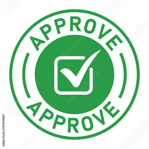Green circular approval stamp graphic with bold “APPROVE” text and central checkmark icon. Ideal for confirmation, validation, business forms, and digital authorization designs.