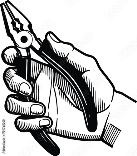 Electric plier tool on hand silhouette vector illustration isolated on a white background