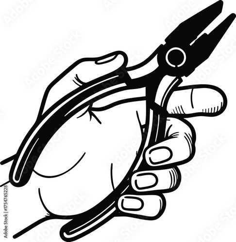 Electric plier tool on hand silhouette vector illustration isolated on a white background