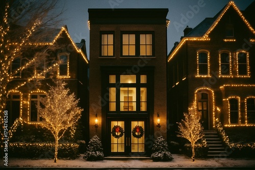 Elegant modern townhouse surrounded by neighbors with coordinated Christmas lights, frosted trees along the street, and red ribbon wreaths on glass doors.