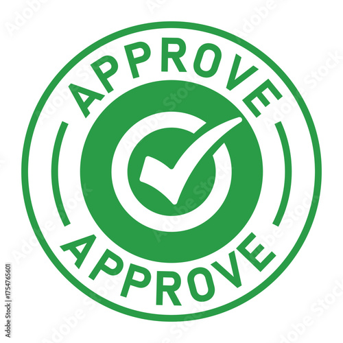 Green circular approval stamp graphic with bold “APPROVE” text and central checkmark icon. Ideal for confirmation, validation, business forms, and digital authorization designs.