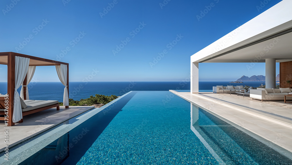 Fototapeta premium Serene infinity pool view blending sea and sky seamlessly