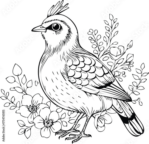 Crested Songbird and Wildflower Serenade: Hand-Drawn Nature Illustration