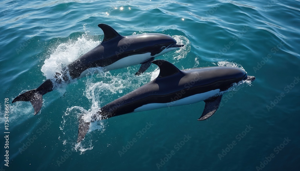 Obraz premium Two Pacific white sided dolphins swim together in deep blue ocean water splashing. Mammals glide gracefully near surface creating foam. Marine animals move with speed agility. Ocean life.