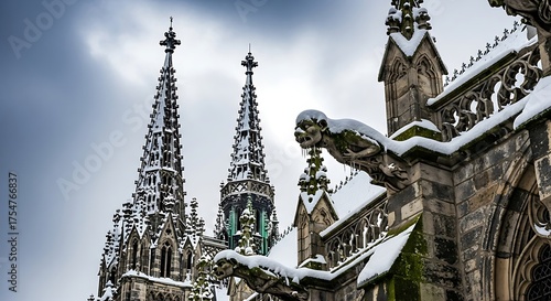 Snow Covered Gothic Cathedral Gargoyles Detailed Architecture Winter Cloudy Sky Scene