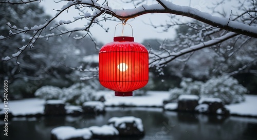Snow Covered Red Lantern Snowy Branch Peaceful Winter Garden Traditional Oriental Light