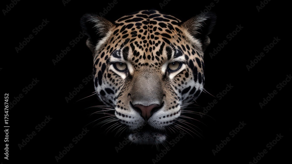 Fototapeta premium Close up portrait of a jaguar face with black background.