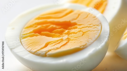 Close-up of a halved hard-boiled egg with a vibrant yolk.