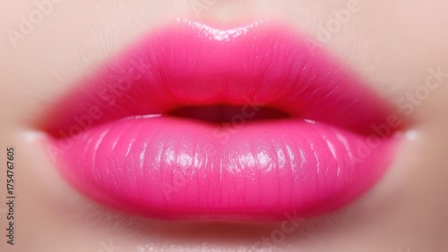 Close-up of vibrant pink glossy lips with a smooth, reflective texture, showcasing a bold and attractive makeup look.