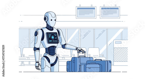 Futuristic airport scene with robotic assistant handling luggage for travelers automation