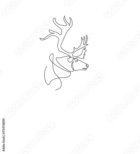 Reindeer head in single outline illustration. Continuous line art drawing of wild deer head. Editable stroke.