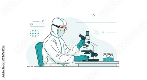 Illustration of a scientist in protective gear examining samples under a microscope with precision
