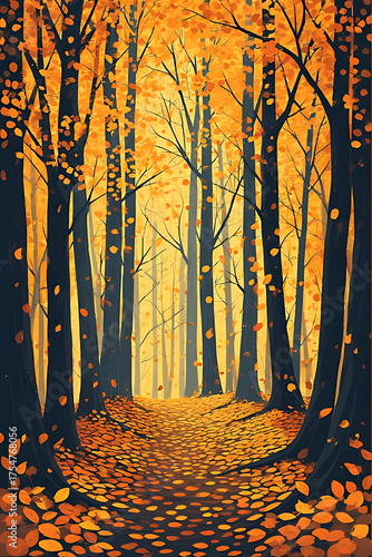 A path winds through a forest ablaze with autumn colors, leaves covering the ground and trees.