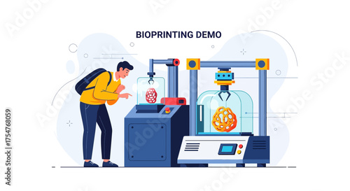 Illustration showcasing a bioprinting demonstration with an observer in a laboratory setting