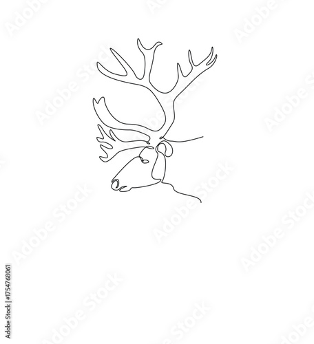Reindeer head in single outline illustration. Continuous line art drawing of wild deer head. Editable stroke.